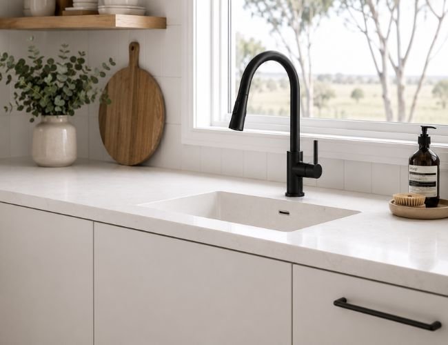 black mixer on white sink