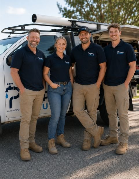4 workers standing in front of plumbing ute